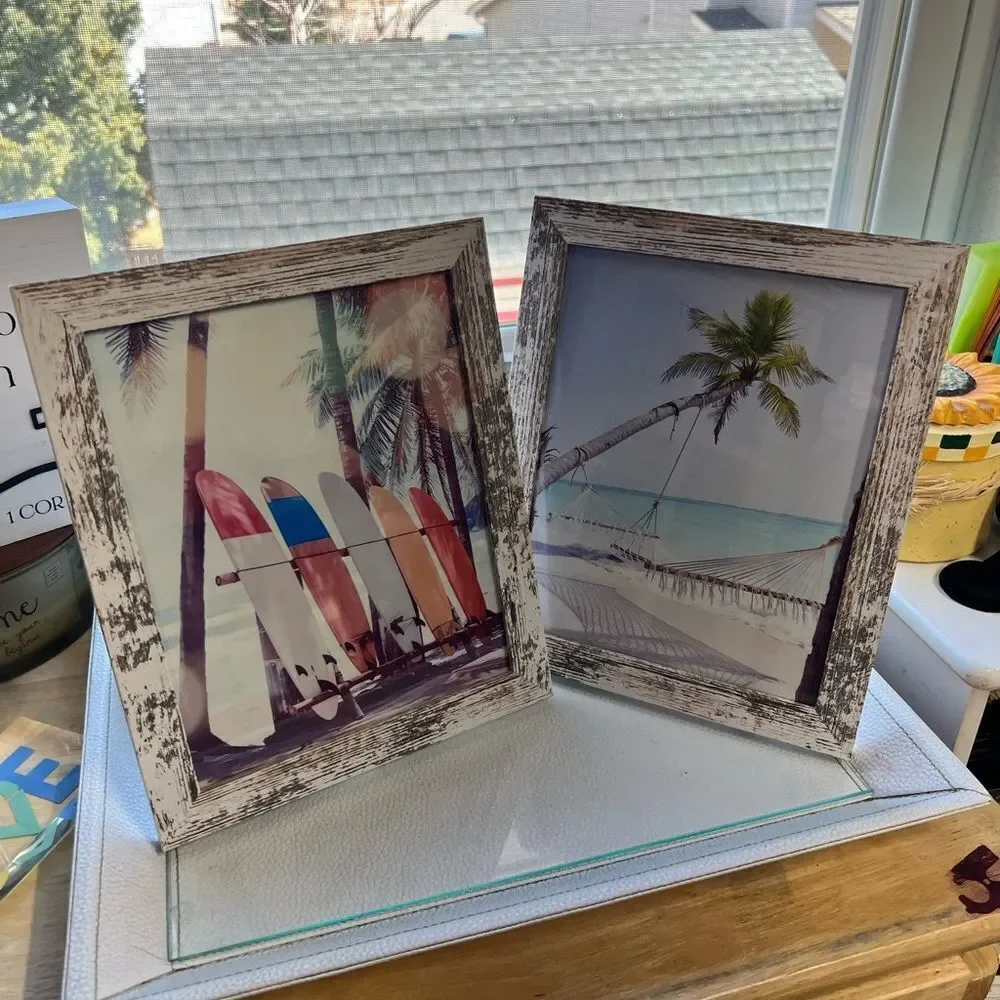 2  Framed Canvas Beach Photos & Rustic Distressed Photo Frame Set of 2 #DCYC